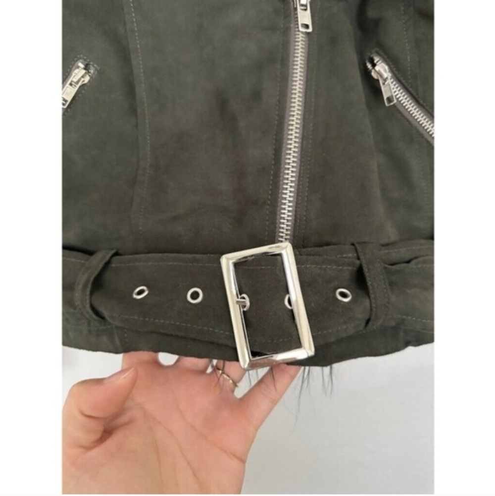 UNIF Berlin Fur Trim Amelia Bomber Jacket Suede Green Zip Orange Lined XS - Picture 4 of 8